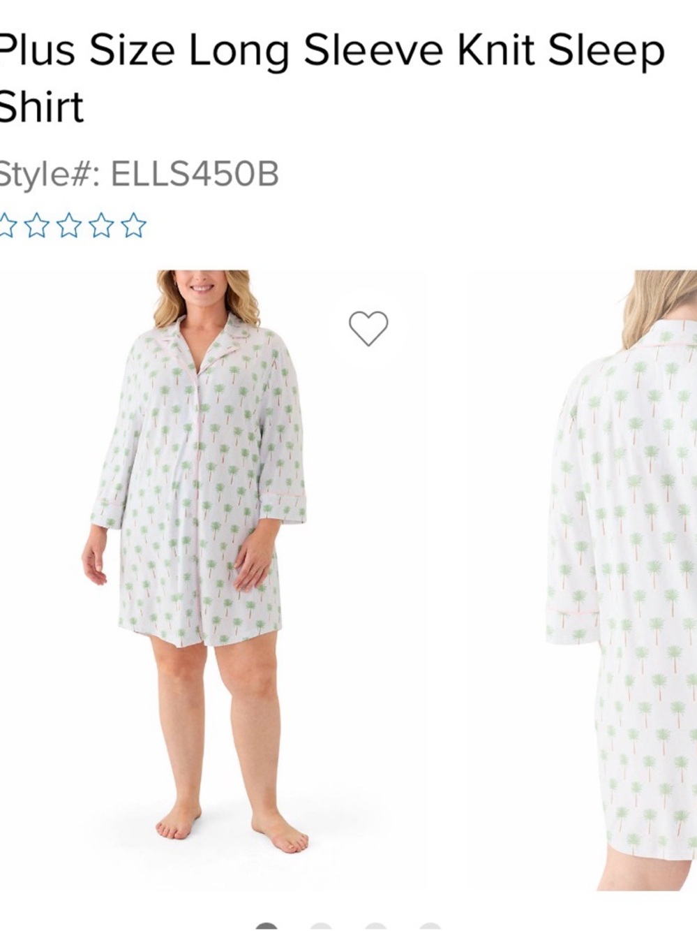 Crown & Ivy Plus Size Long Sleeve Sleep Shirt - White with Green Palm Print, 2X